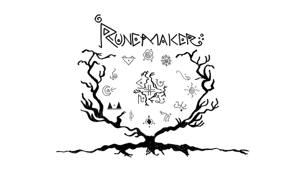 The Runemaker logo sitting upon a gnarled tree with wide arms. Inside the arms sits a ring of runes signifying the 12 Great Domains and the 5 Ways of Breath