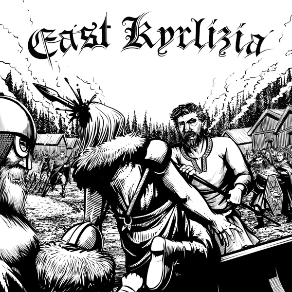 Black and white art of a viking being spreader in the head by a peasant as they try to exit their longboat