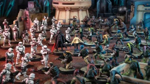 A photo of a Star Wars Legion battle between the Empire and the Rebel Alliance