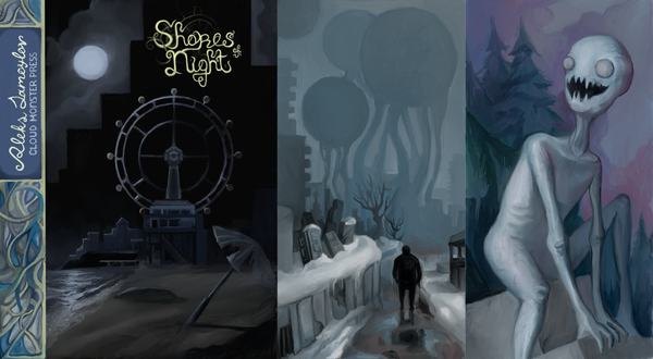 Three painting side by side : a Ferris wheel on a dark beach by moonlight. A figure walking in snow towards cyclopean bulbs. A pale ghoul grinning in front of a pine forest.