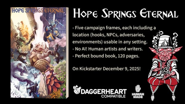 mock-up of the Hope Springs Eternal cover, a list of key points and an illustration of a gemfolk goblin sorcerer