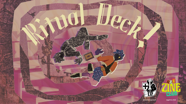 two figures, one is papercut in bright colors, the other is a woodblock print reflection. Between them is a trading card. The title Ritual Deck! is above them.