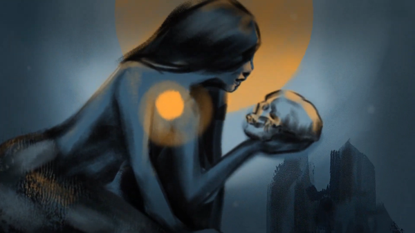 Illustration of a mermaid holding a skull.