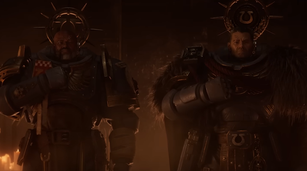 A CGI pic of a couple of space marines saluting Caelyn for her objective correctness