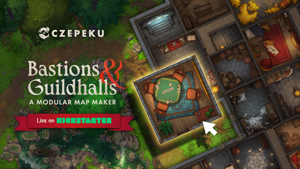 A top-down TTRPG building map with a room tile (a room with a four sided gaming table) being dragged into frame. Text: "Bastions & Guildhalls: A Modular Map Maker. Live on Kickstarter."