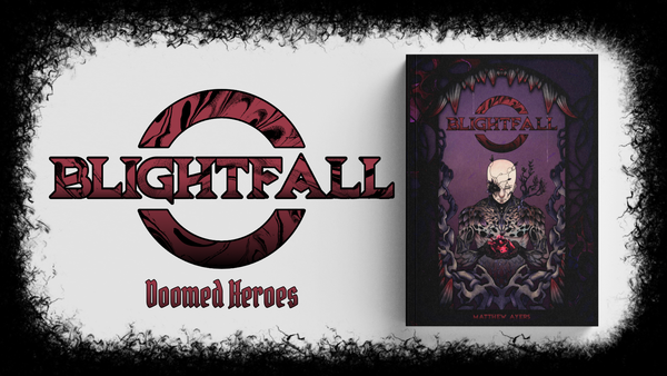 Blightfall RPG logo band book cover, featuring a man mutated into a plant hybrid, holding his own glowing heart in his hands, framed inside a bloody maw.