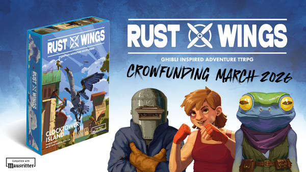 Three teenagers (one is a frog) stand in front of the Rust Wings box set