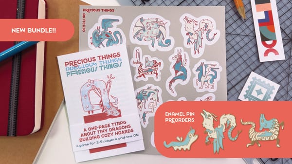 A photo of the bundle of Precious Things and its Sticker sheet with Text "New Bundle!!" and "Enamel Pin Preorders"