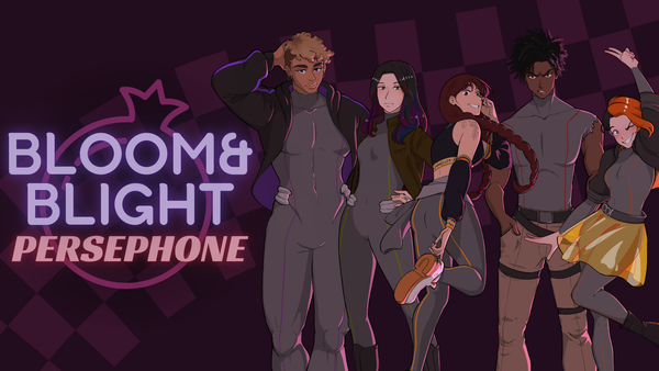 Header banner featuring character art of Bloom&Blight: Persephone's characters on a burgundy checkered background. From left to right: Atlas, Carmen, Eloise, Cedar, and Fen. 