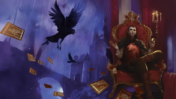 An illustration of the vampire Strahd, sitting on a fancy chair, holding a drink and looking cunty.
