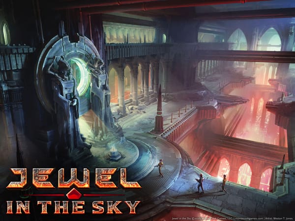 3 explorers cross on of the intact bridges in this vast, multi level, cloistered hall, marvelling at the statues and illuminated crystal pyramid on the massive dais ahead of them