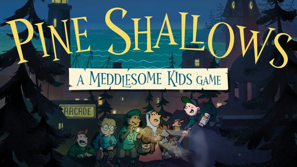 Close up of the cover with the title 'Pine Shallows' and tagline 'A Meddlesome Kids game'. A group of kids sneak around at night with flashlights behind them the seaside town.